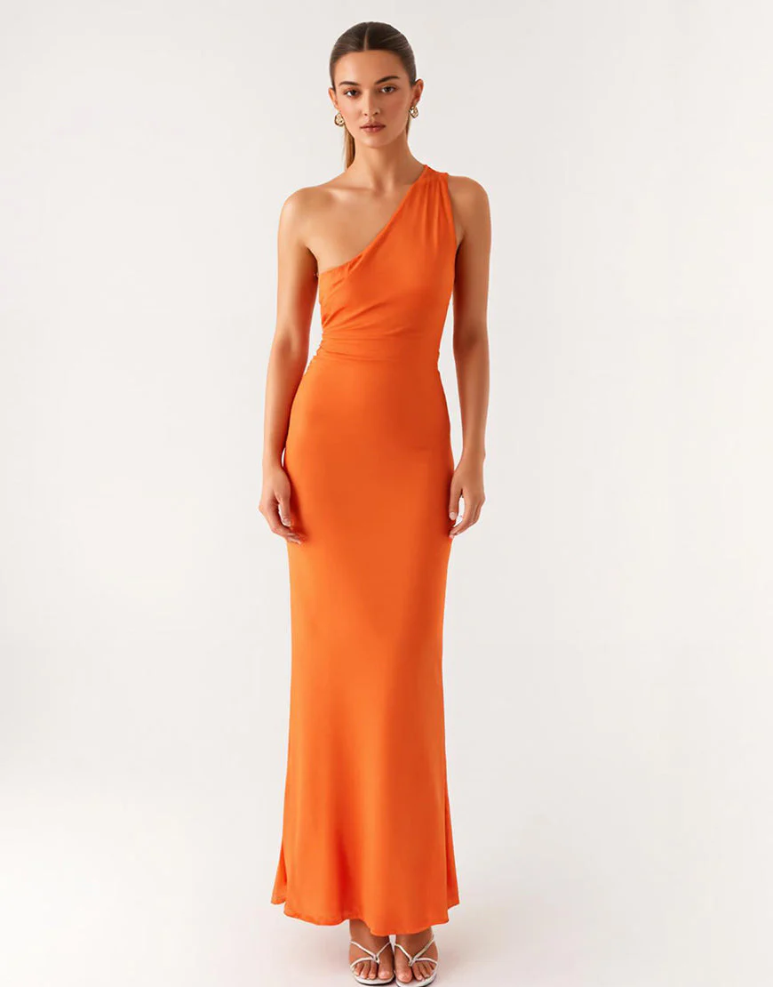Robe formelle fourreau orange à une épaule – Image 2