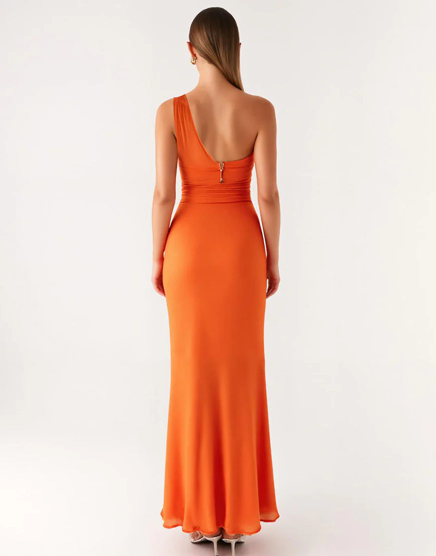 Robe formelle fourreau orange à une épaule – Image 3