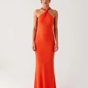 Robe formelle fourreau orange dos nu