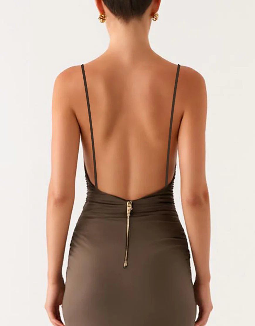 Robe formelle à bretelles spaghetti grises fourreau – Image 5