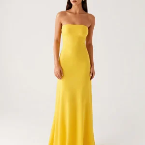 Robe formelle bustier en mousseline de soie jaune
