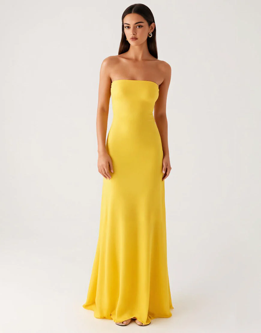 Robe formelle bustier en mousseline de soie jaune