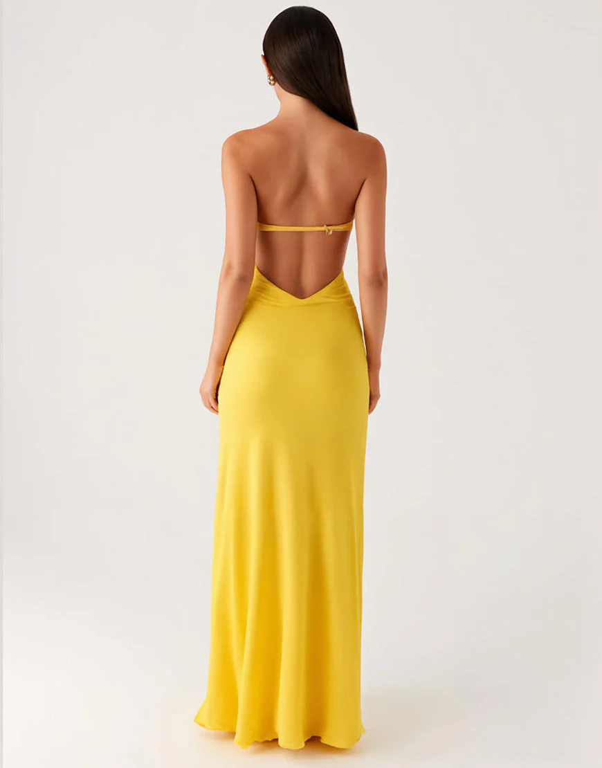 Robe formelle bustier en mousseline de soie jaune – Image 3