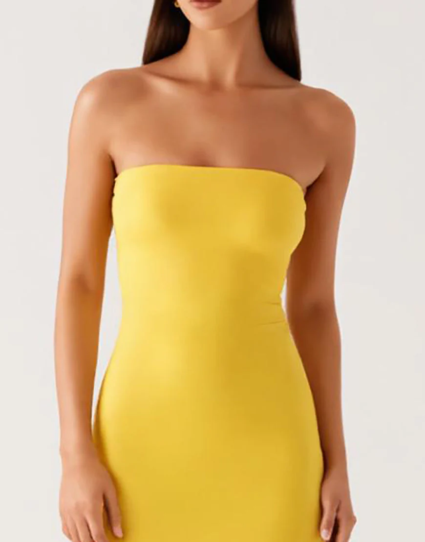 Robe formelle bustier en mousseline de soie jaune – Image 4