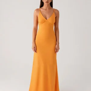 Robe formelle en mousseline de soie à bretelles spaghetti jaunes