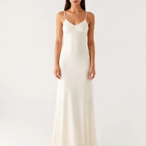 Robe formelle dos nu à bretelles spaghetti ivoire fourreau