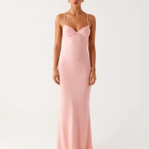 Robe formelle en mousseline de soie à bretelles spaghetti fourreau rose