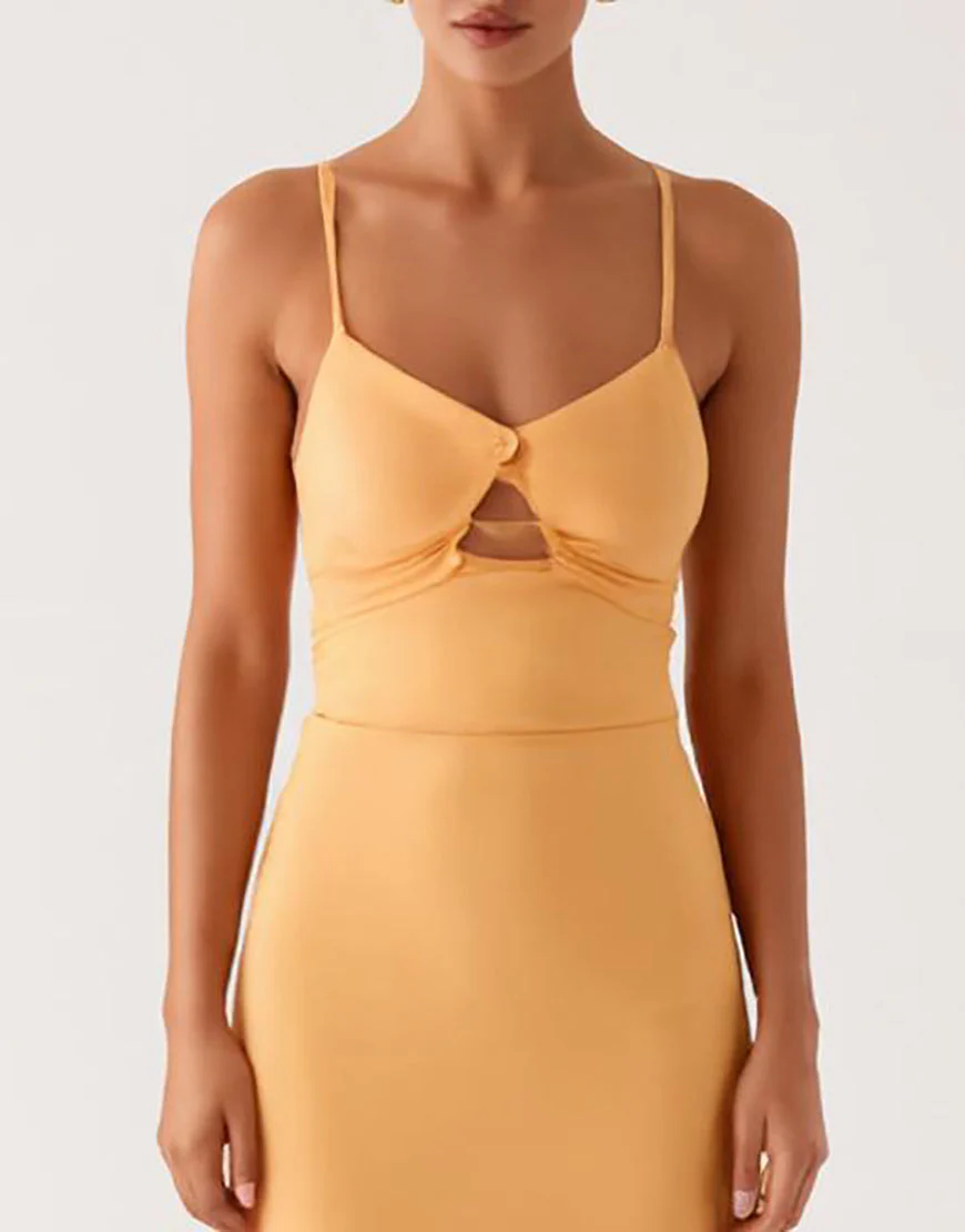 Robe formelle à bretelles spaghetti jaunes découpées – Image 4