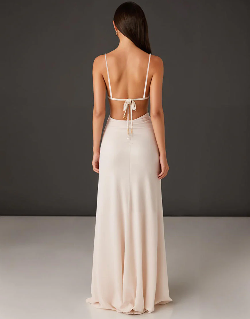 Robe formelle à bretelles spaghetti fourreau ivoire – Image 3