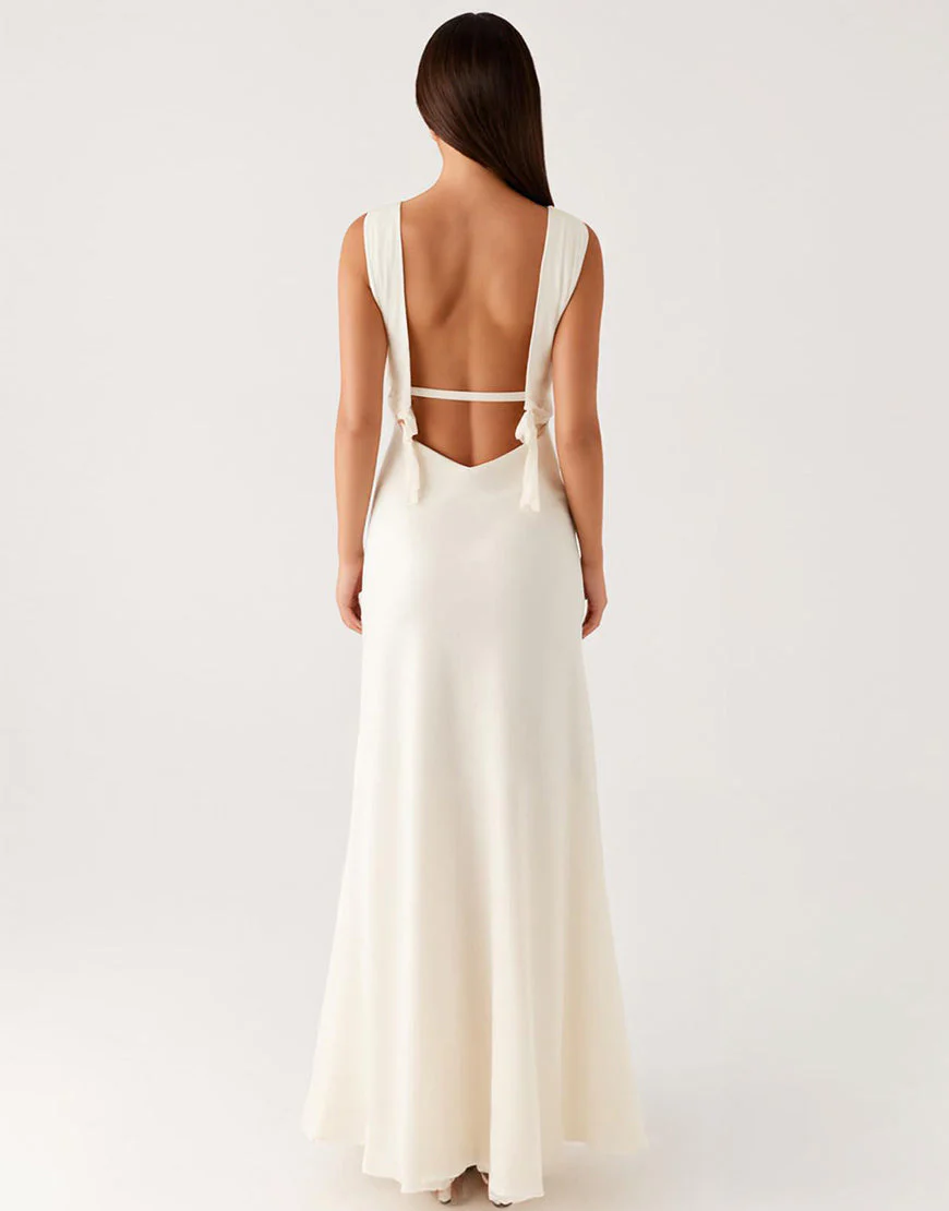 Robe formelle gaine dos nu à col en V ivoire – Image 3