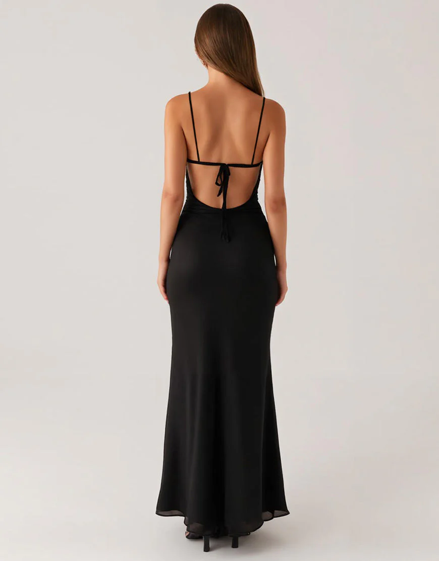 Sirène Spaghetti Straps Dos Nu Robe Cravate Noire – Image 3