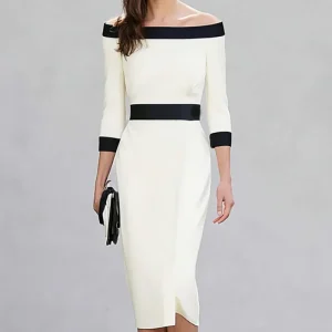 Noir et blanc Robe Midi Crayon Épaules Dénudées