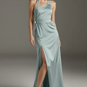 Robe maxi fourreau dos nu vert menthe avec fente