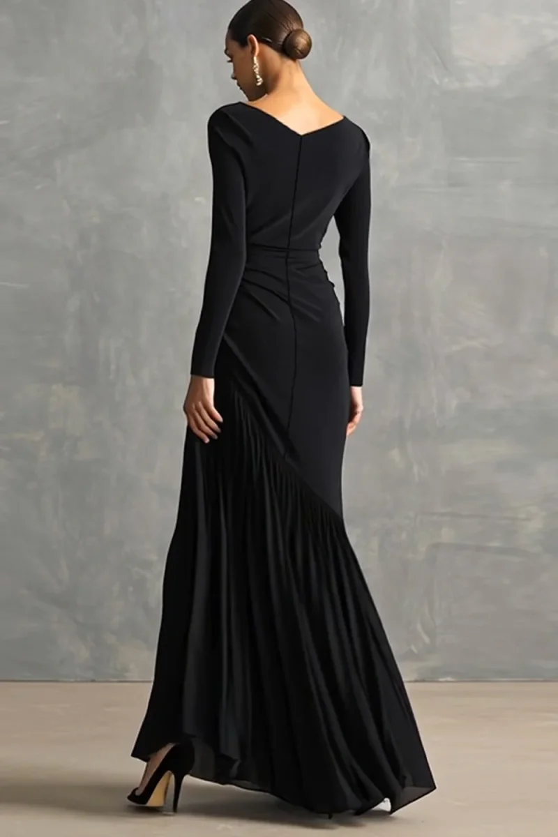 Robe formelle noire plissée sirène à col bateau et manches longues – Image 3