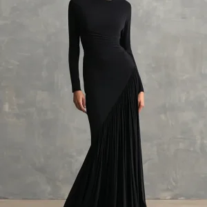 Robe formelle noire plissée sirène à col bateau et manches longues