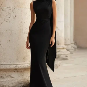 Robe maxi cravate noire à col montant fourreau avec ceinture