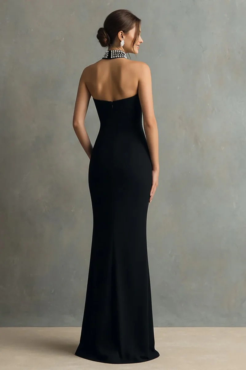 Robe formelle noire fourreau dos nu avec perles – Image 3