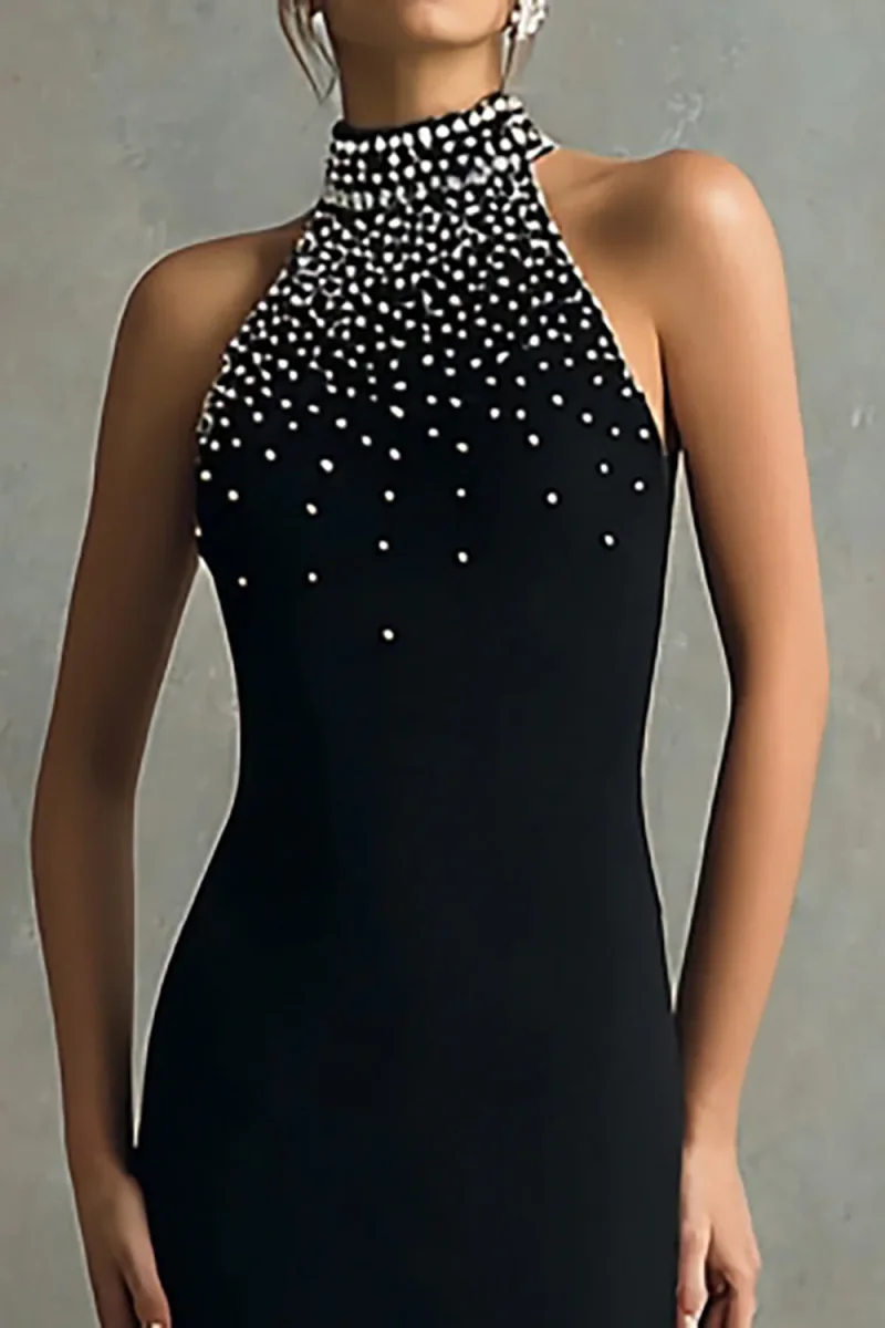 Robe formelle noire fourreau dos nu avec perles – Image 4
