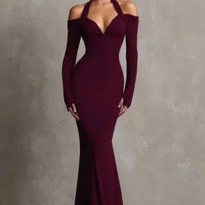 Robe formelle sirène bordeaux dos nu à manches longues