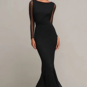 Robe formelle noire sirène à col bateau et manches longues