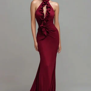 Robe longue formelle sirène bordeaux avec volants