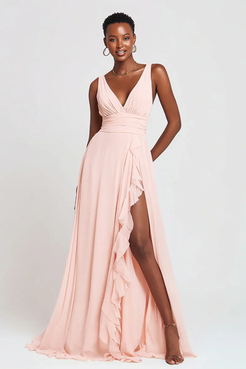 Robe longue rose à volants à col en V avec fente – Image 2