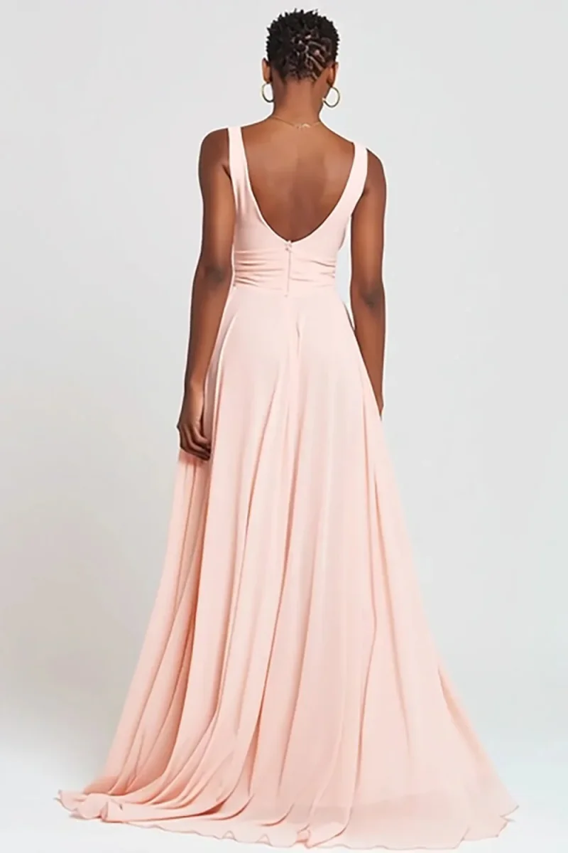Robe longue rose à volants à col en V avec fente – Image 3