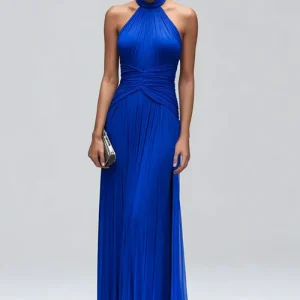 Robe longue formelle plissée dos nu bleu royal