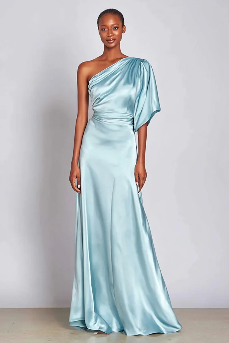 Robe longue formelle en satin bleu clair à une épaule – Image 2