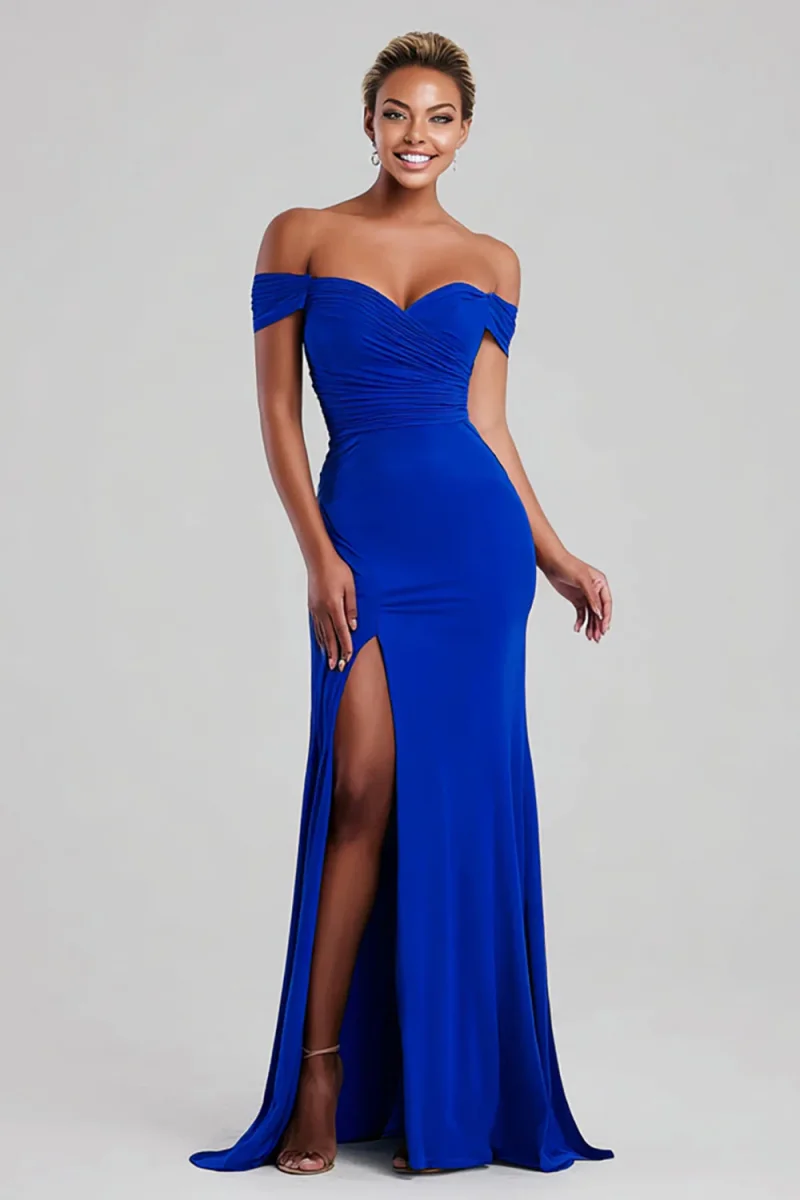 Robe longue formelle bleu royal à épaules dénudées avec fente – Image 2