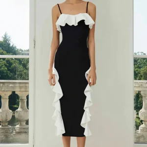 Robe midi fourreau à bretelles spaghetti noire et blanche à volants