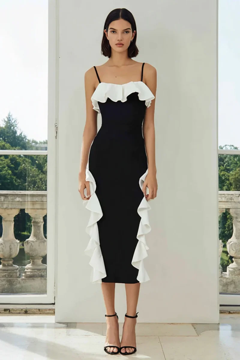 Robe midi fourreau à bretelles spaghetti noire et blanche à volants – Image 2