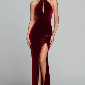 Robe formelle sirène dos nu en velours bordeaux avec fente