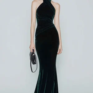 Sirène Robe de cérémonie dos nu en velours vert foncé