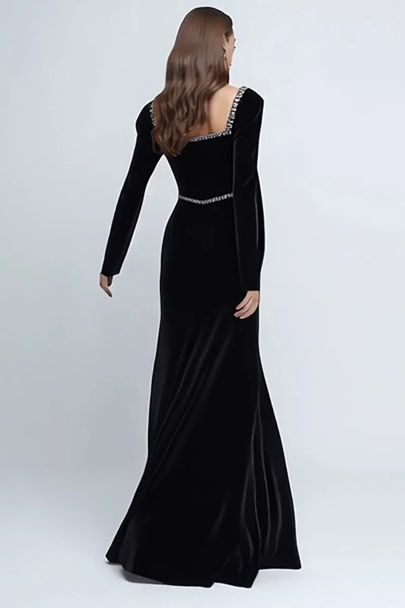 Robe cravate noire à manches longues en velours avec perles – Image 3