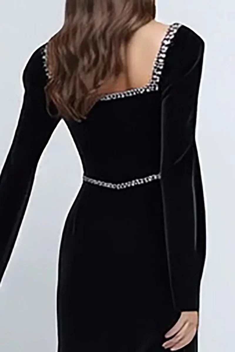 Robe cravate noire à manches longues en velours avec perles – Image 5