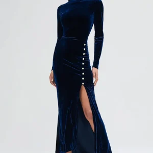 Robe formelle à manches longues en velours fourreau bleu marine avec fente