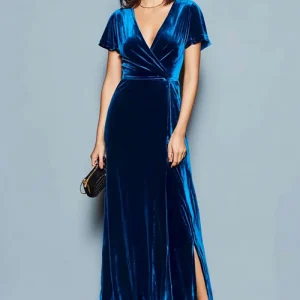 Robe de fête de vacances en velours trapèze bleu foncé avec fente