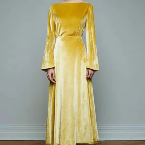Robe de fête à manches longues en velours a-ligne jaune