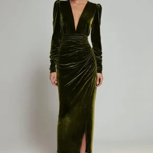Olive Ruched Sheath Robe formelle en velours à manches longues avec fente