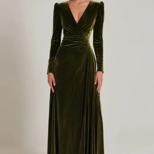 Robe formelle trapèze olive à col en V avec manches longues