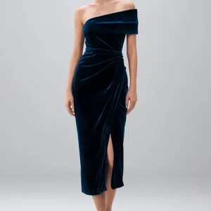 Robe semi-formelle en velours bleu marine à une épaule avec fente