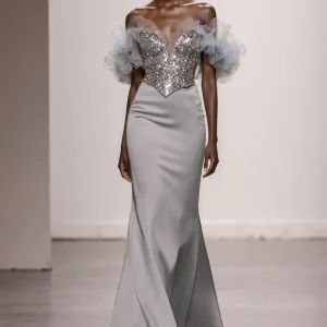 Robe de gala sirène argentée à épaules dénudées avec paillettes