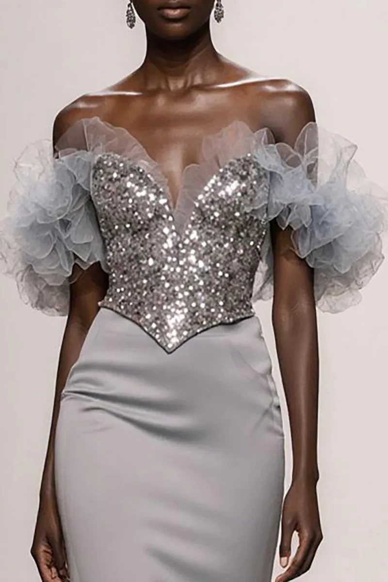 Robe de gala sirène argentée à épaules dénudées avec paillettes – Image 4