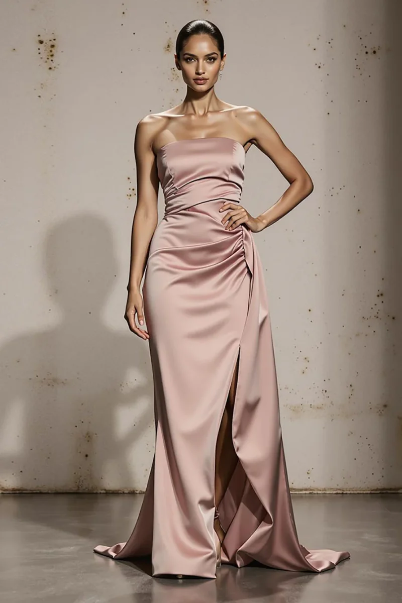 Robe bustier sirène rose clair Maxi Gala avec fente