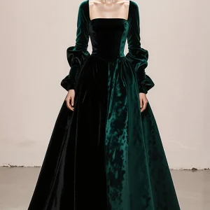 Robe de soirée maxi à manches longues en velours vert foncé