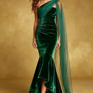 Robe de soirée en velours sirène vert foncé à une épaule avec ceinture