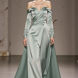 Robe de soirée maxi à épaules dénudées vert menthe avec manches longues