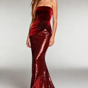 Robe de soirée sirène sans bretelles sans bretelles en velours froncé avec paillettes