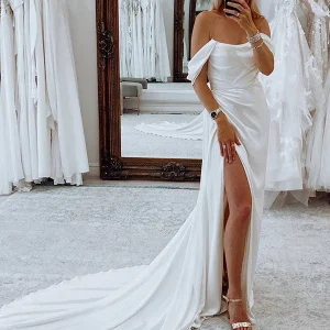 Robe de mariée blanche, longue et simple, avec fente, de style sirène boho